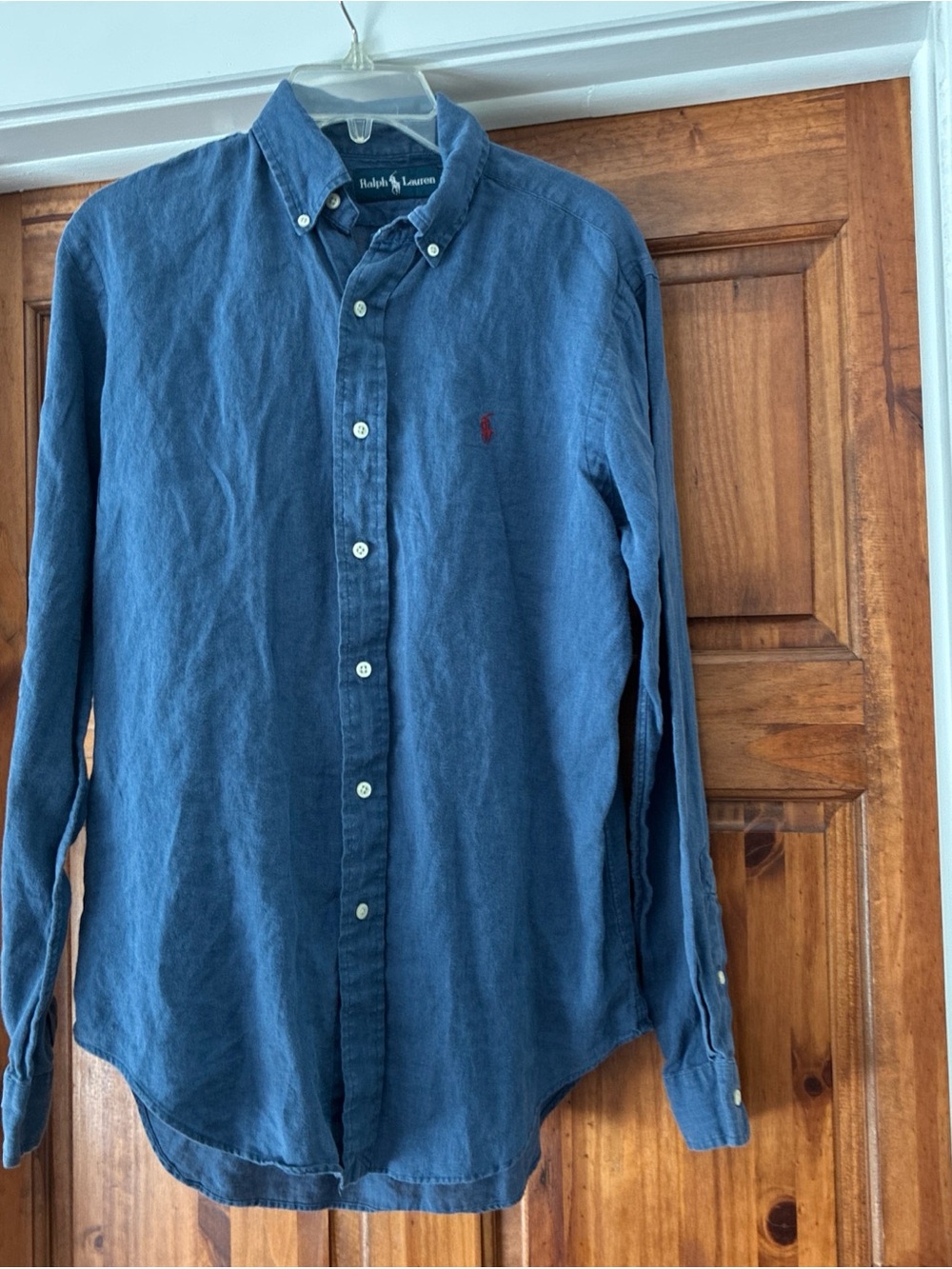 Ralph Lauren Shirt Mens Small  Blue Linen Button Down Red Pony Logo Long Sleeve